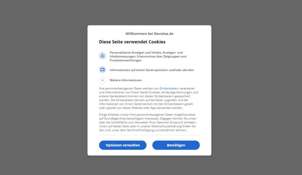 novulux cookie consent popup banner funding choices