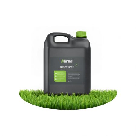 Eine grüne Flasche Turbogrün Rasenfarbe - umweltfreundlich und langanhaltend für einen grünen Rasen.