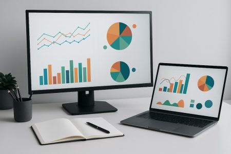 Symbolfoto – KPIs und AI-Visibility überwachen Heller Arbeitsplatz mit Monitor und Laptop; beide Displays zeigen farbige Diagramme (Linien-, Balken- und Kreisdiagramme) – Symbolbild für KPI-Monitoring, Zero-Click-Trends und AI-Visibility.