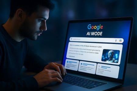 Symbolfoto – KI beantwortet Suchanfragen mit Quellen Drei Monitore in dunkler Umgebung; zentrales Display zeigt eine stilisierte KI-Grafik (Gehirn) als Hub mit Dokument-Icons; auf dem Schreibtisch Tastatur, Notizbuch und Tasse – Symbolbild für RAG, Zitationen und Datenfluss.
