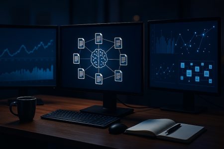 Symbolfoto – Google AI Mode / AI Overviews in Aktion Person arbeitet am Laptop in abgedunkelter Umgebung; der Bildschirm zeigt eine Suchoberfläche mit KI-Antwortfeld – Symbolbild für Google AI Mode bzw. AI Overviews.