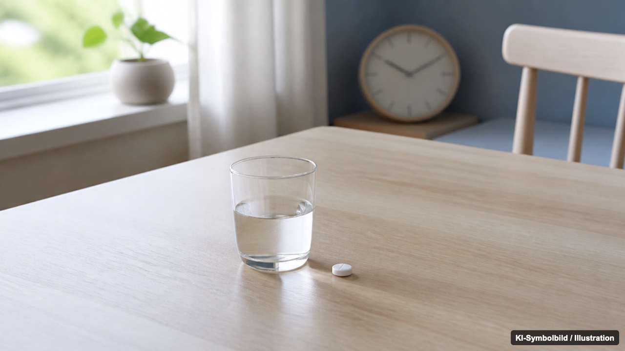 Einnahmefenster der Abnehmtablette Abnehmtablette mit einem halb gefüllten Wasserglas auf einem Frühstückstisch