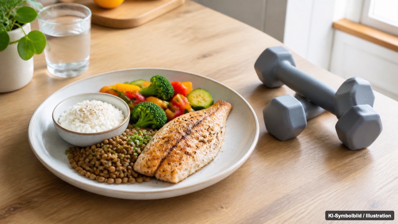 Protein und Krafttraining während der Therapie Teller mit proteinreichem Essen neben Hanteln als Symbol für Muskelerhalt