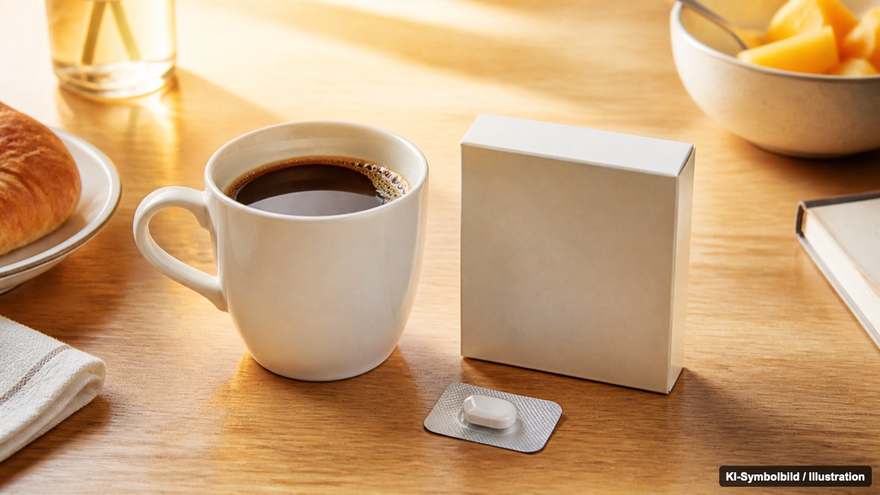 Kaffee vor der Tablette ist der häufigste Fehler Kaffeetasse neben einer Tablettenpackung als Symbol für den häufigsten Anwendungsfehler