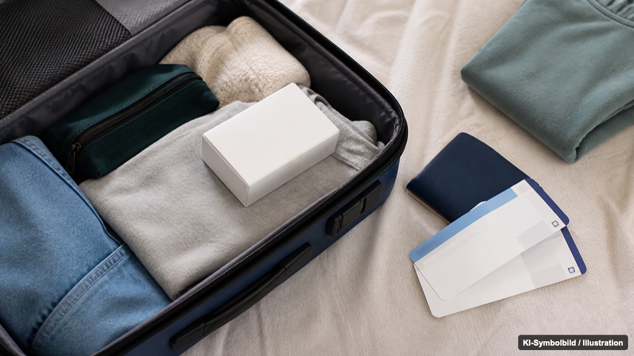 Abnehmtablette auf Reisen Reisetasche mit Medikamentenpackung und Boardkarte als Symbol für die Einnahme unterwegs