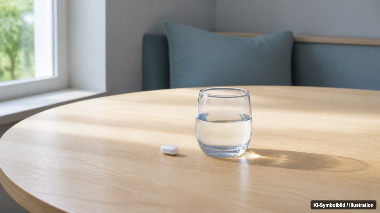 Die Abnehmpille im Detail Abnehmtablette mit Semaglutid neben einem kleinen Glas Wasser auf leerem Frühstückstisch