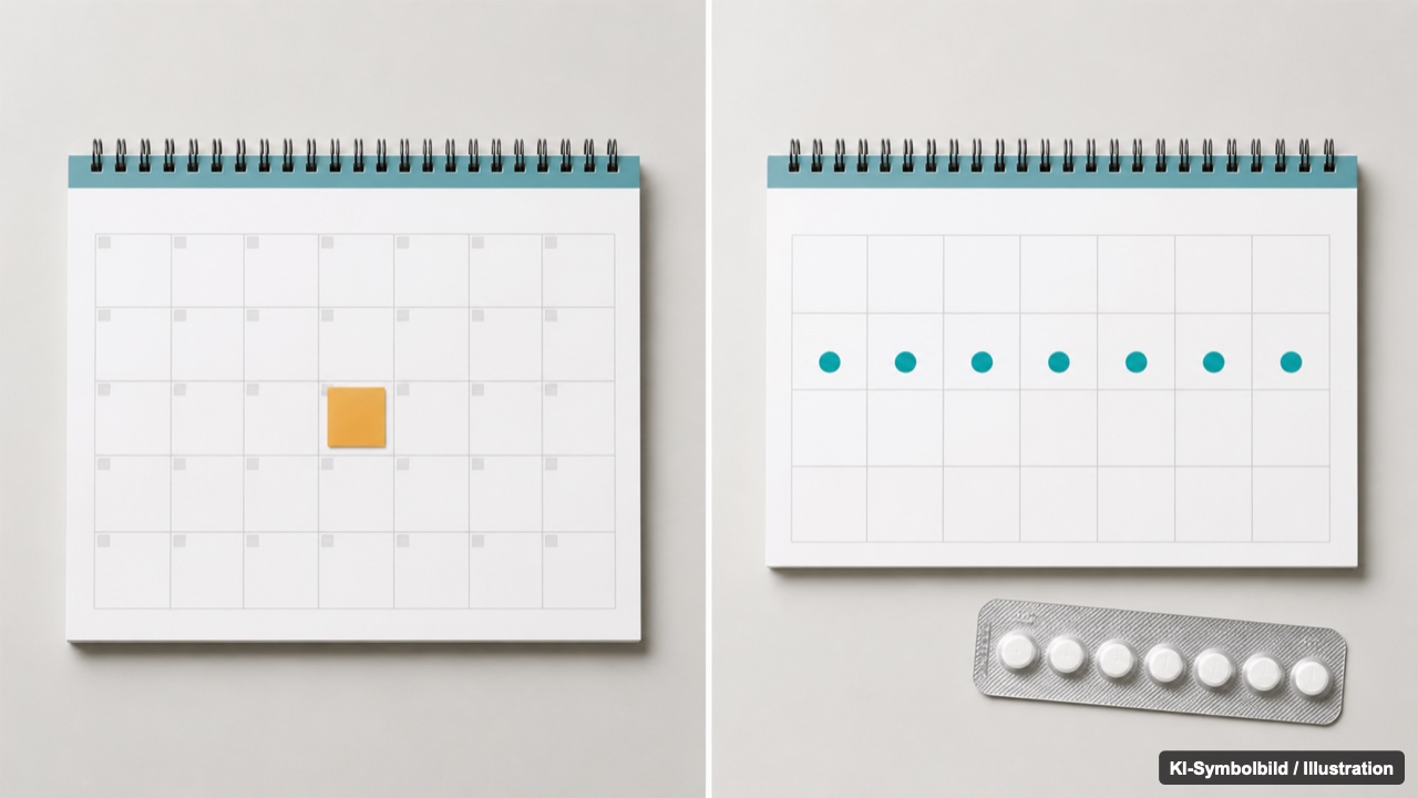 Wöchentlicher gegen täglichen Rhythmus Wochenkalender mit einem markierten Spritzentag neben einem Tagesplan mit täglicher Einnahme