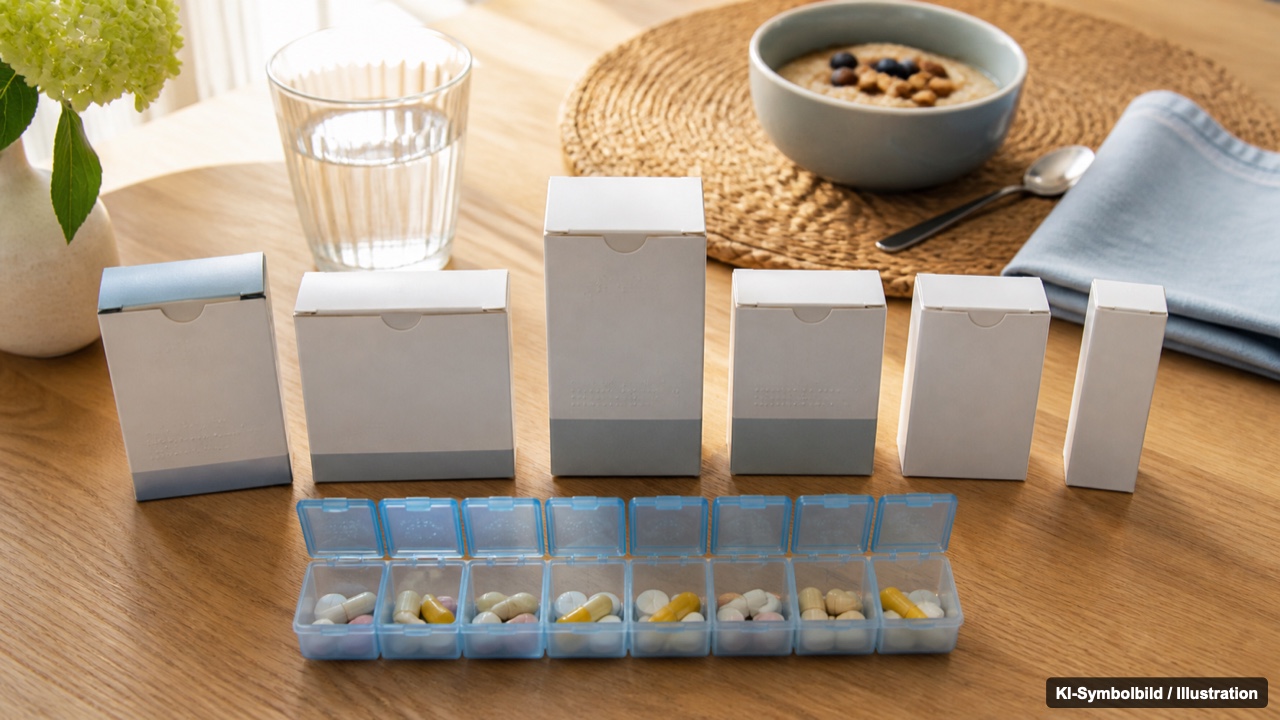 Morgenmedikation und Einnahmereihenfolge Mehrere Tablettenpackungen und ein Wochendosierer auf einem Frühstückstisch