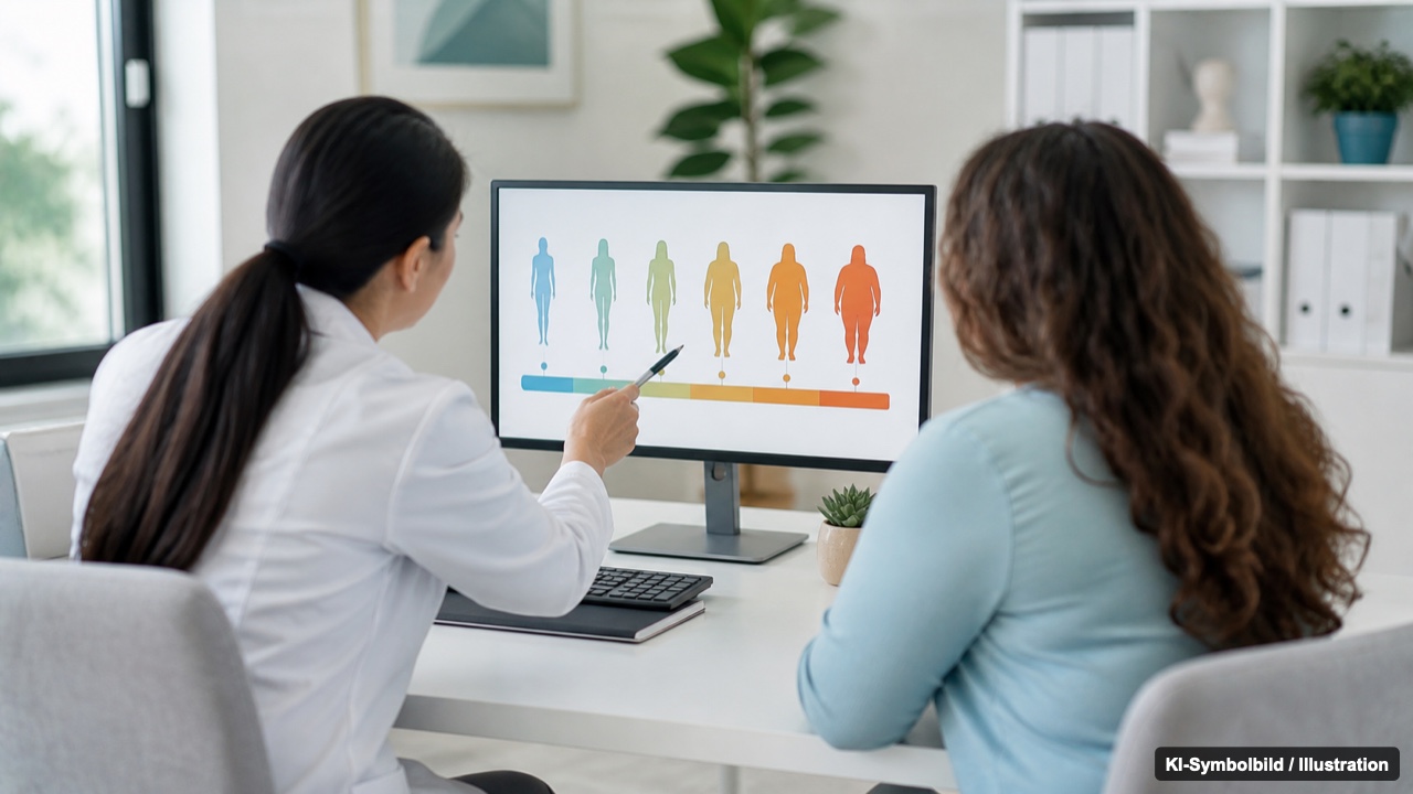 Voraussetzungen für die Abnehmtherapie Ärztin erklärt einer Patientin die BMI-Grenzen für eine Adipositastherapie