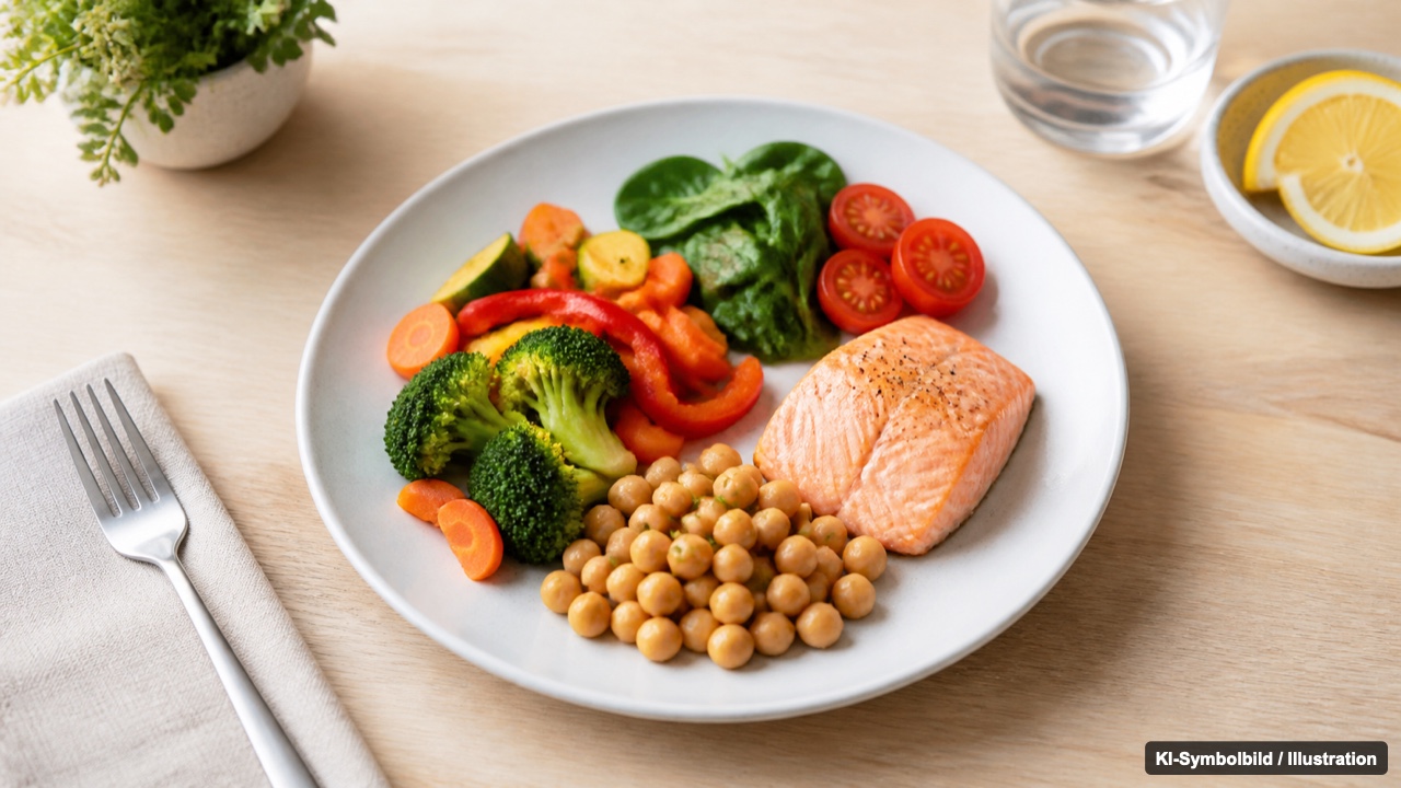 Kleine Portion mit Gemüse, Fisch und Hülsenfrüchten als Beispiel für nährstoffdichte Mahlzeiten