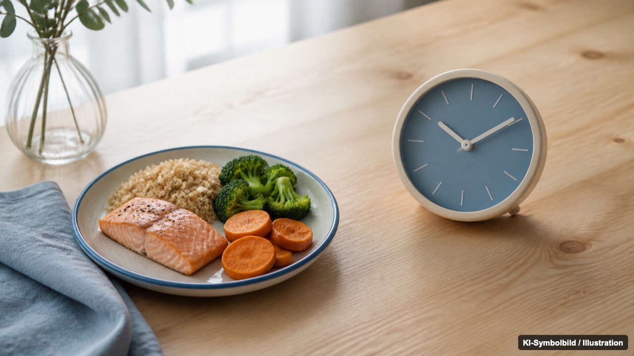 Kleine Portion auf einem Teller neben einer Uhr als Symbol für feste Essenszeiten