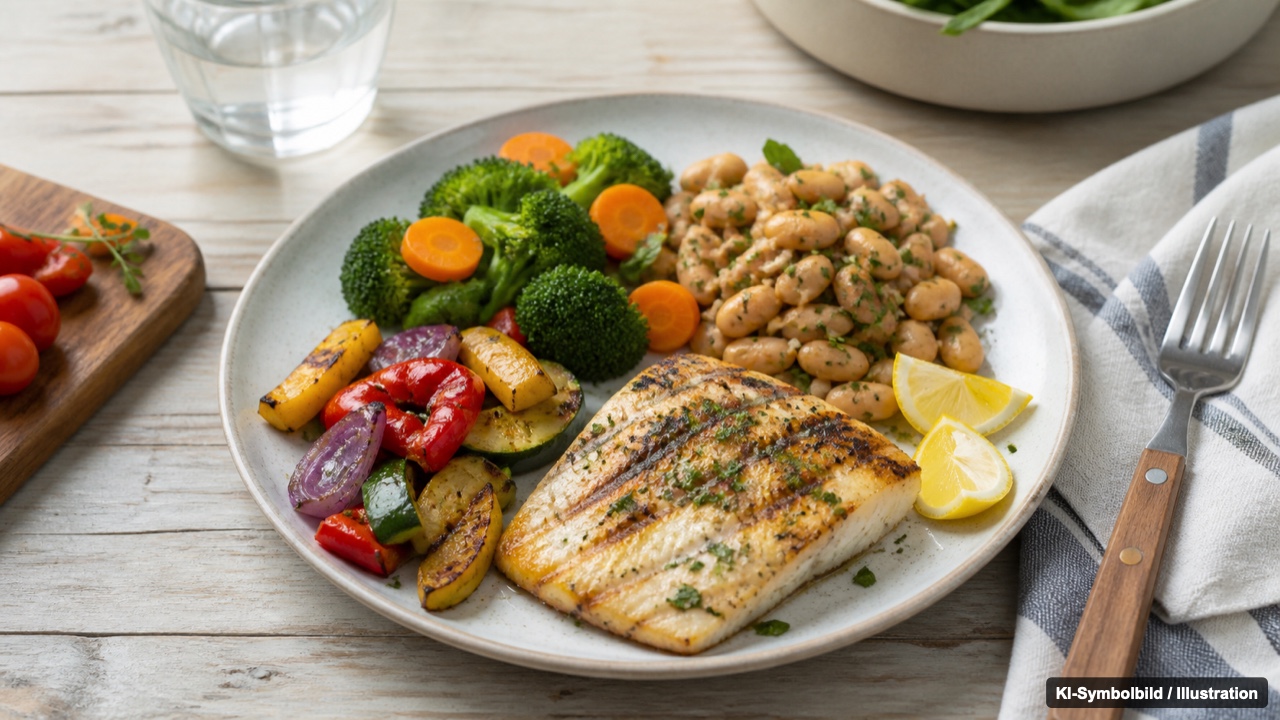 Teller mit Fisch, Hülsenfrüchten und Gemüse als Beispiel für eine nährstoffdichte Mahlzeit