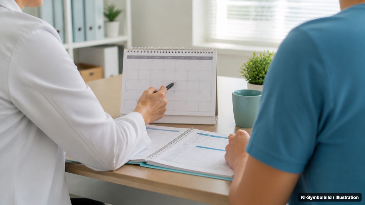 Begleitung durch die Praxis Arzt-Patienten-Gespräch am Schreibtisch mit Unterlagen zur Therapieplanung