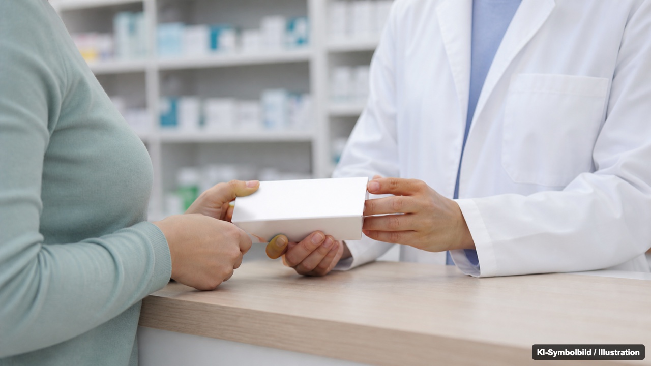 Beratungsgespräch am Apothekentresen mit einer mitgebrachten Medikamentenpackung