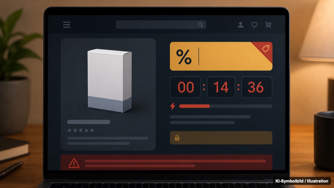 Warnzeichen auf einer Webseite wie Countdown und Rabattbanner für ein Medikament