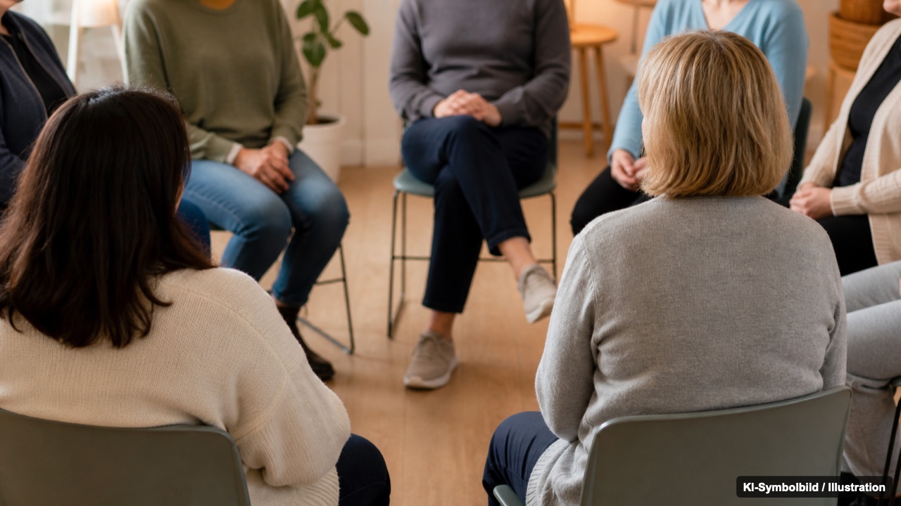 Gesellschaftlicher Druck auf Betroffene Menschengruppe im Gespräch als Symbol für gesellschaftlichen Erwartungsdruck