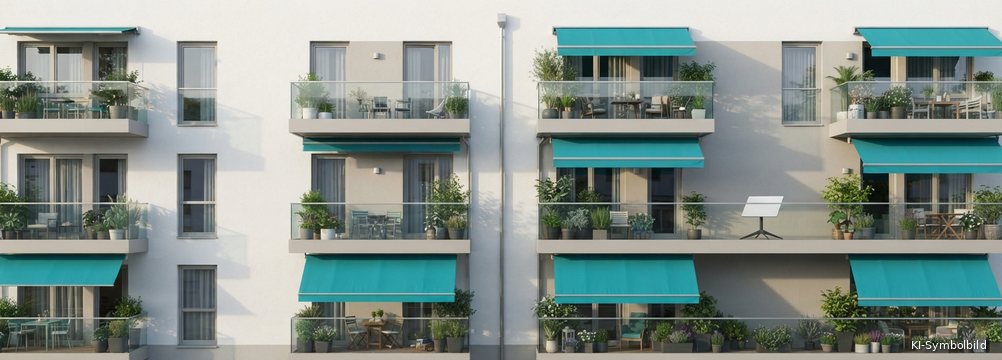 Fassade eines Mehrfamilienhauses mit Balkonen und Markisen, auf einem Balkon steht eine flache Satellitenantenne