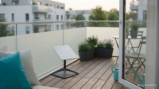 Kleine flache Satellitenantenne auf einem Standfuß am Boden eines Balkons mit Glasbrüstung