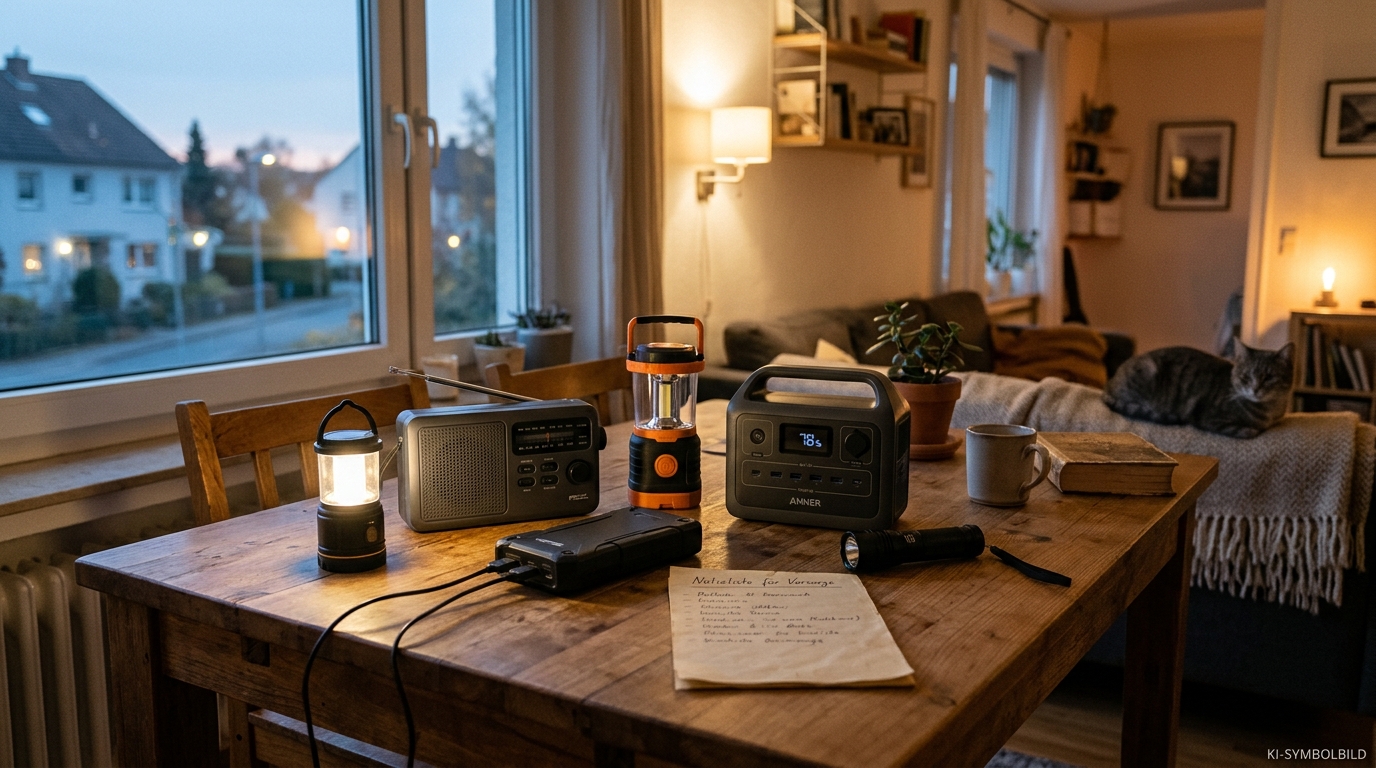 KI-Symbolbild: Vorsorgeausstattung für einen Stromausfall zu Hause.